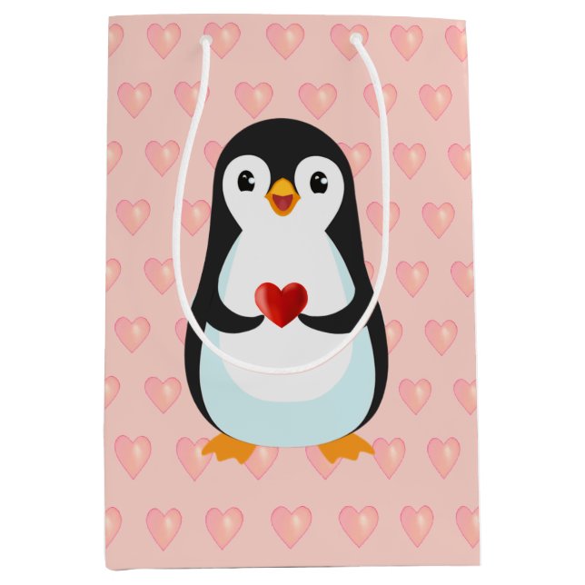 Cute Penguin with Heart on Light Pink Medium Gift Bag (Front)