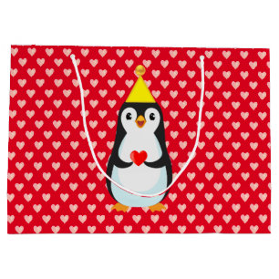 Cute Penguin with Heart on Red Large Gift Bag