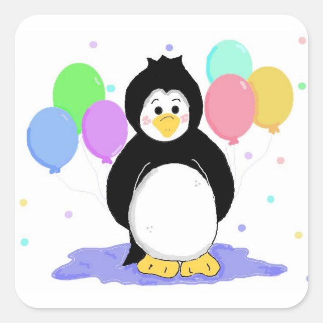Cute Penguin with Party Balloons Square Sticker (Front)