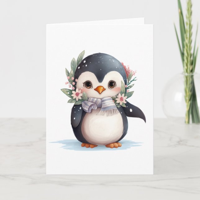Cute Penguin With Scarf and Holly BLANK  Holiday Card (Front)