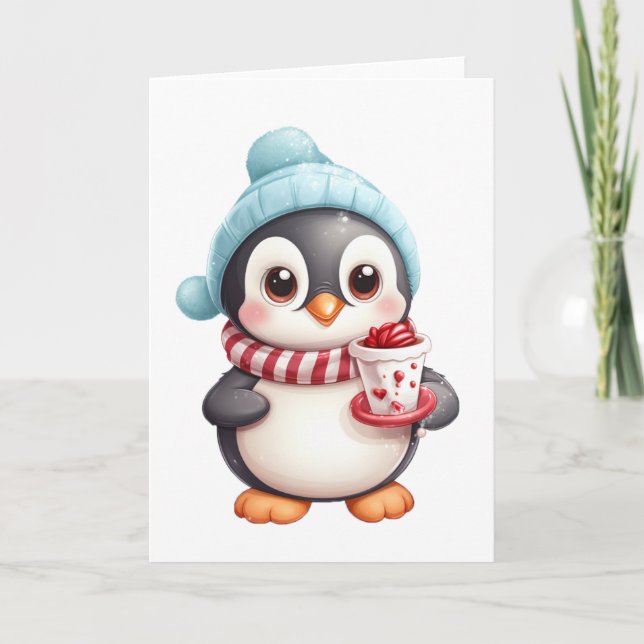 Cute Penguin with Snack/Snowball BLANK  Holiday Card (Front)