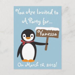 Cute Penguin with Striped Scarf Customisable Invitation Postcard