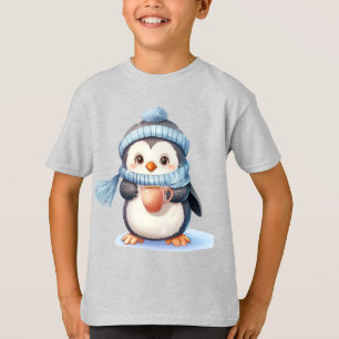 Cute Penguin with Winter Clothes and Cup T-Shirt