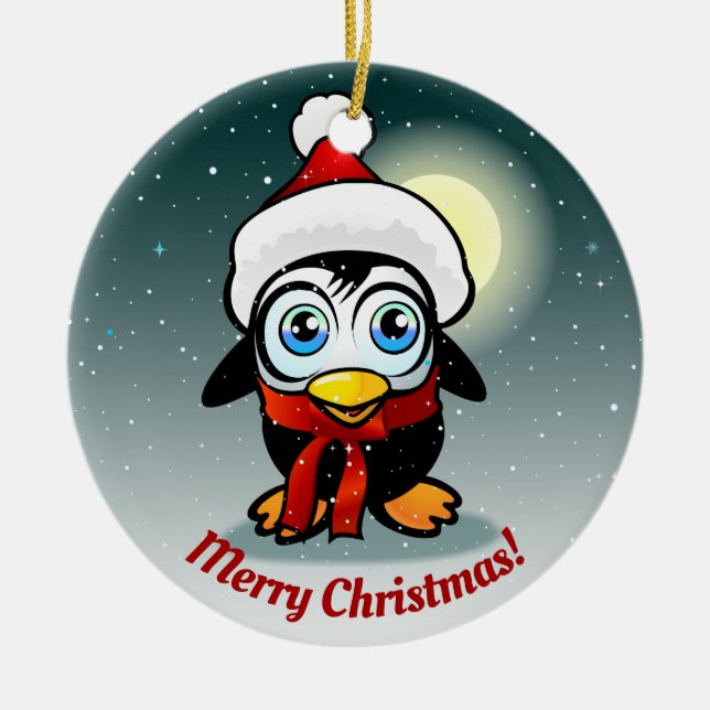 Cute Penguin With Xmas Hat Cartoon Ceramic Tree Decoration (Front)