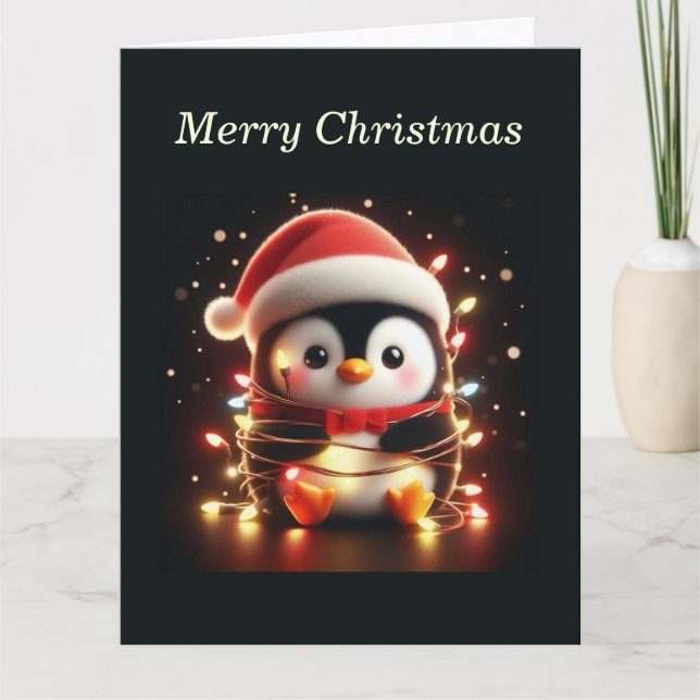 Cute Penguin Wrapped in Christmas Lights Card (Front)