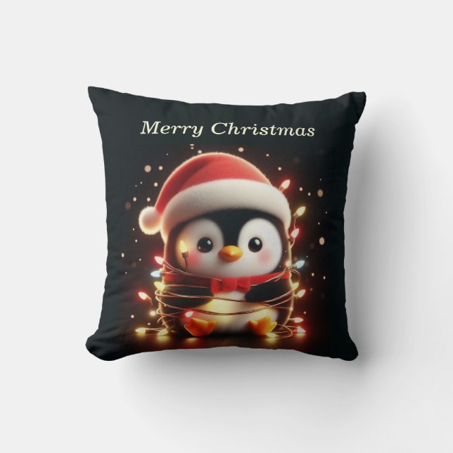 Cute Penguin Wrapped in Christmas Lights Cushion (Front)