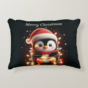 Cute Penguin Wrapped in Christmas Lights Decorative Cushion