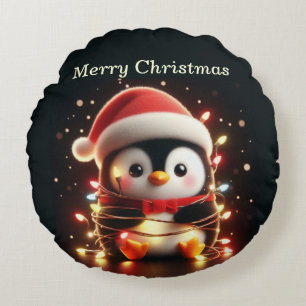 Cute Penguin Wrapped in Christmas Lights Round Cushion