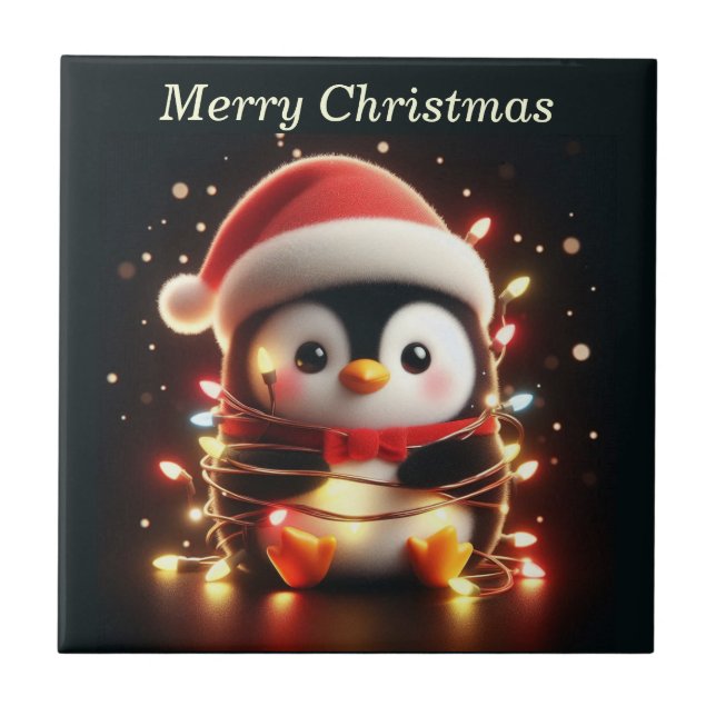 Cute Penguin Wrapped in Christmas Lights Tile (Front)