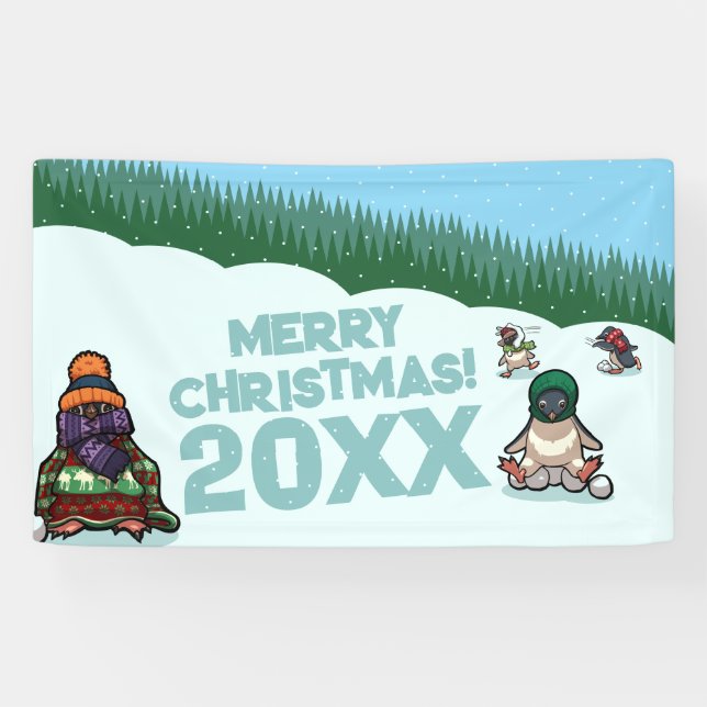 Cute Penguins Add The Year Merry Christmas! Winter Banner (Horizontal)