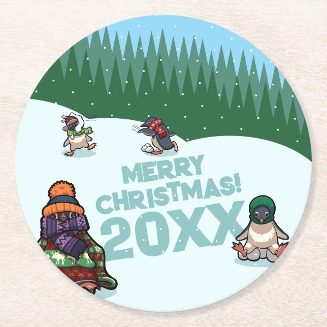 Cute Penguins Add The Year Merry Christmas! Winter Round Paper Coaster (Front)