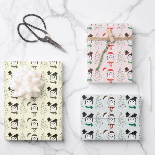 Cute Penguins and Modern Christmas Trees Christmas Wrapping Paper Sheet