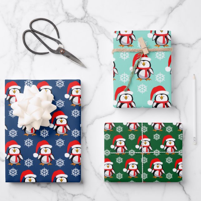 Cute penguins and snowflakes Christmas Wrapping Paper Sheet (Front)