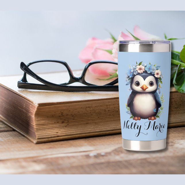Cute Penguins Blue Custom Name & Initials Insulated Tumbler (Cute penguins insulated Tumbler. custom name and initials. Multilingual project.)