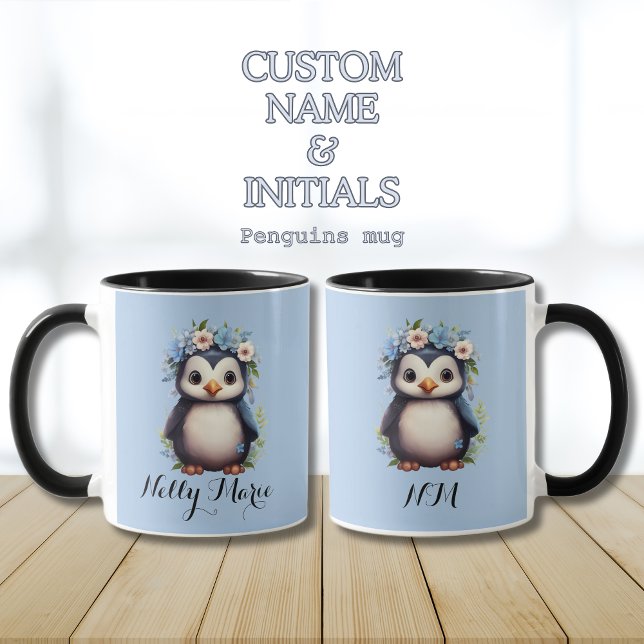 Cute Penguins Blue Custom Name & Initials Mug (Blue mug with penguins, custom name & intitials. personalized. Multilingual Project)