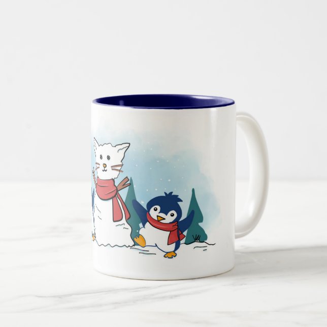 Cute Penguins building a Christmas Snowcat Two-Tone Coffee Mug (Front Right)
