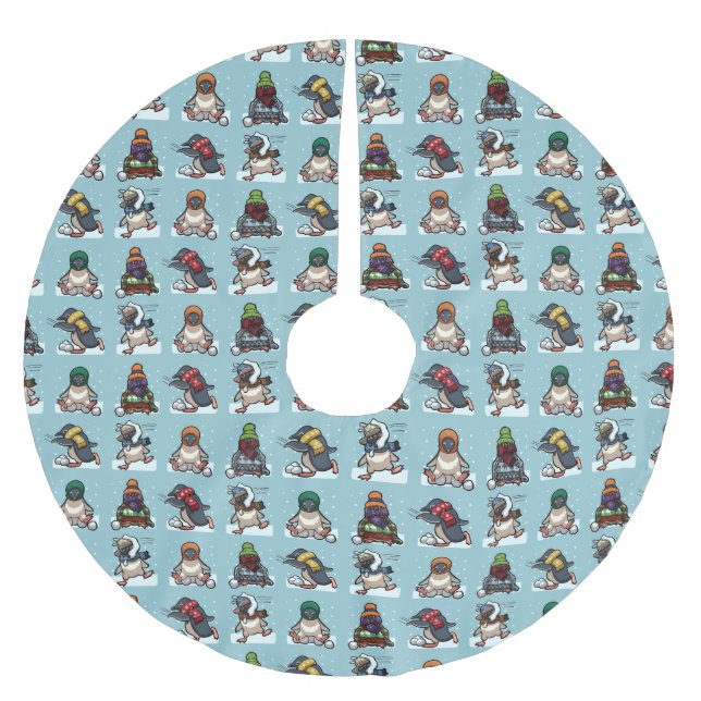 Cute Penguins Christmas Snowball Fight Cartoon Brushed Polyester Tree Skirt (Front)