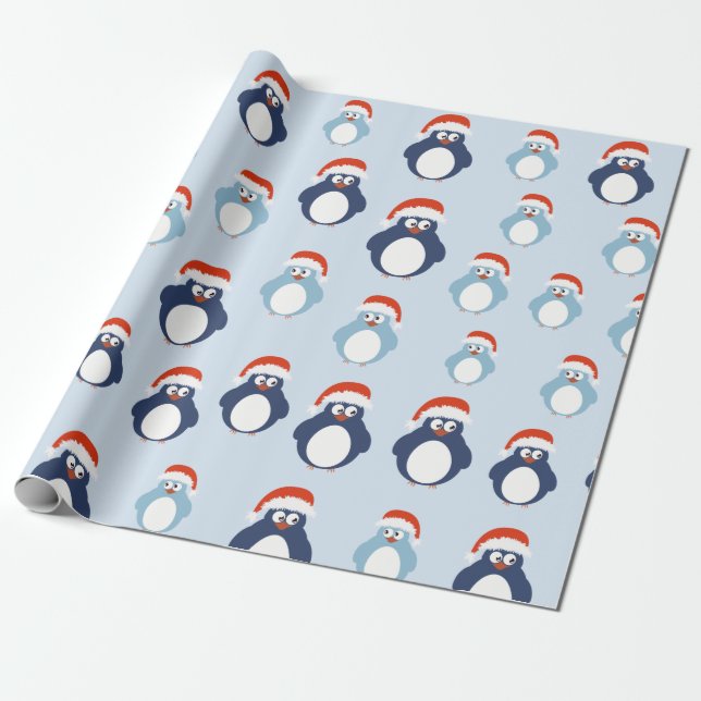 Cute Penguins Christmas Wrapping Paper (Unrolled)
