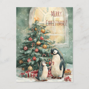 Cute penguins decorates Christmas tree, Christmas  Postcard