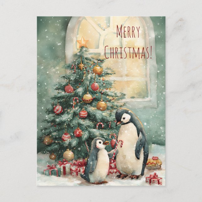 Cute penguins decorates Christmas tree, Christmas  Postcard (Front)