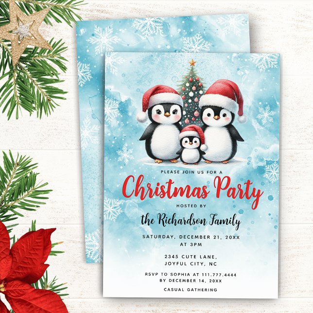 Cute Penguins Family Festive Christmas Party Invitation (Creator Uploaded)