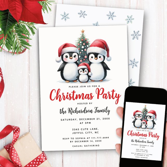 Cute Penguins Family Festive Pine Tree Christmas Invitation (Creator Uploaded)