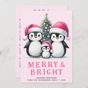 Cute Penguins Family Merry & Bright Pink Christmas Holiday Card