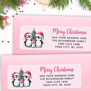 Cute Penguins Family Merry Christmas Pink