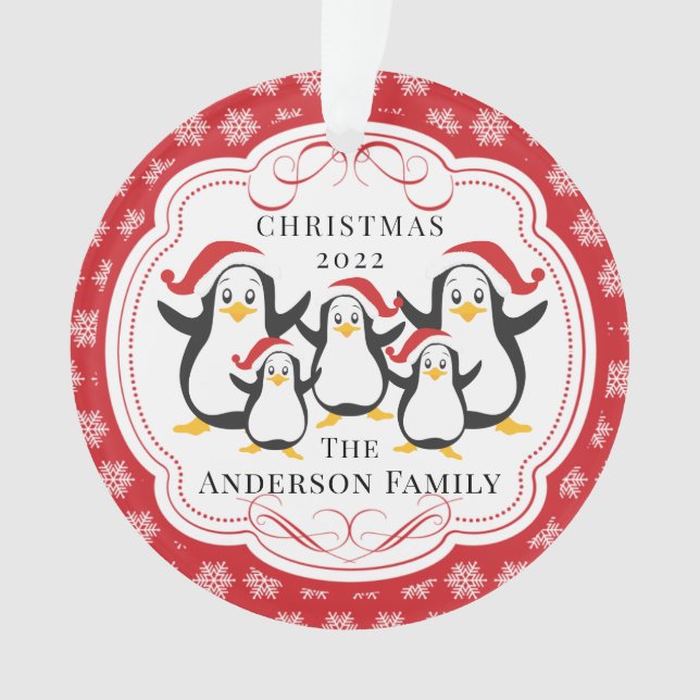 Cute Penguins Family of 5 Christmas Ornament (Front)