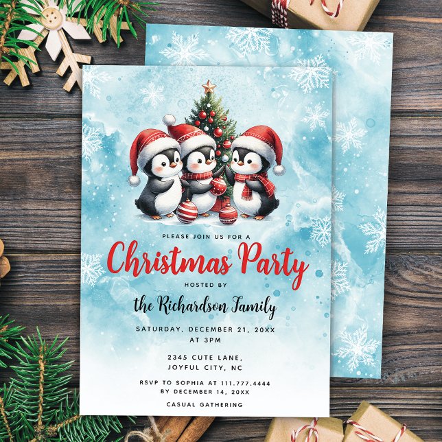 Cute Penguins Festive Blue and Red Christmas Party Invitation (Creator Uploaded)