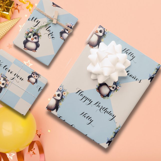 Cute Penguins for Girl Bilingual Happy Birthday  Wrapping Paper Sheet (Penguins Bilingual text wrapping paper. Feliz Cumpleaños, Happy Birthday, & name. Multilingual proje)