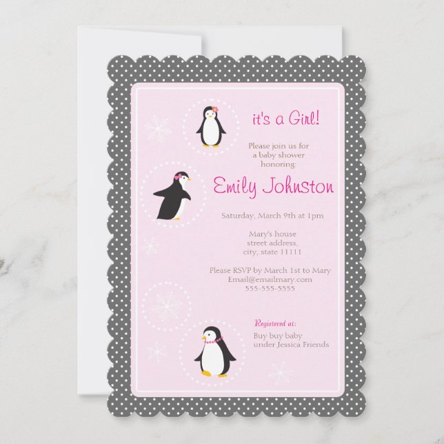 cute penguins girl baby shower 5" x 7"  invitation (Front)