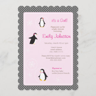 cute penguins girl baby shower 5" x 7"  invitation