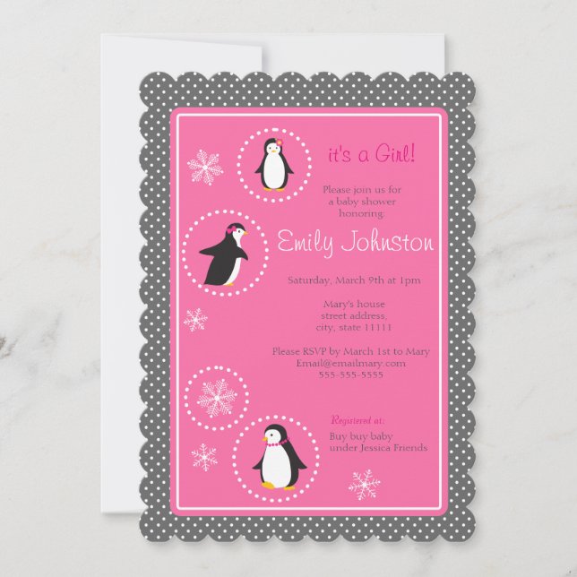 cute penguins girl baby shower 5 x 7 invitation (Front)