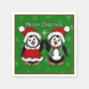 Cute Penguins Green Merry Christmas Napkins