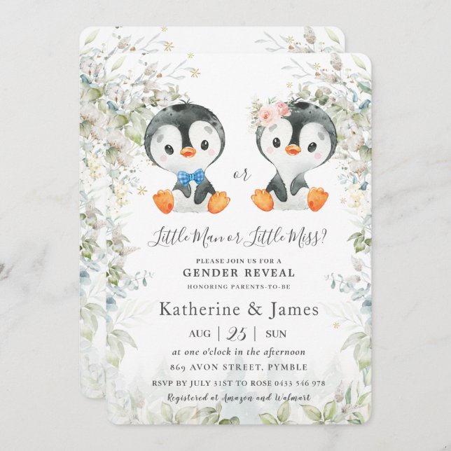 Cute Penguins Greenery Gender Reveal Baby Shower Invitation (Front/Back)