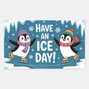 Cute Penguins Ice Skating Cartoon, Have an Ice Day Rectangular Sticker