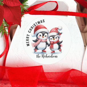 Cute Penguins Ice Skating Merry Christmas Classic Round Sticker