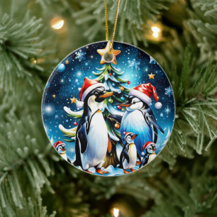 Cute penguins in a cheerful cartoon style, ceramic tree decoration