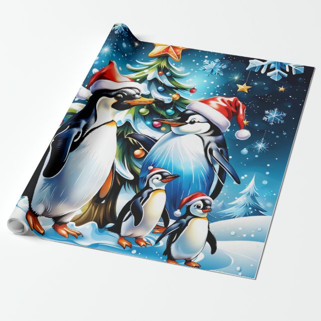 Cute penguins in a cheerful cartoon style' wrapping paper (Unrolled)