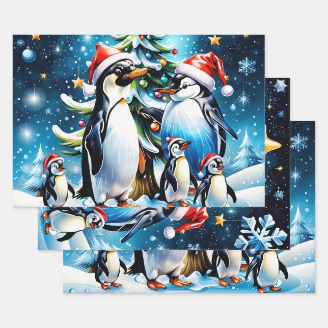 Cute penguins in a cheerful cartoon style wrapping paper sheet (Set)