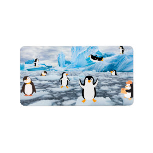 cute penguins in Antarctica ice Label