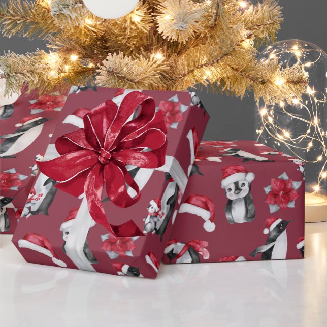 Cute Penguins In Christmas Hats Red Wrapping Paper (Creator Uploaded)