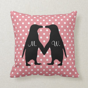 Cute penguins in love - add your own initials cushion