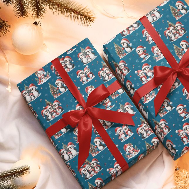 Cute Penguins in Red Hats Blue Christmas Wrapping Paper (Creator Uploaded)