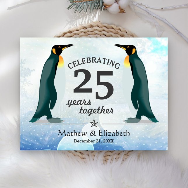 Cute Penguins in Snow | 25th Wedding Anniversary Postcard (Creator Uploaded)