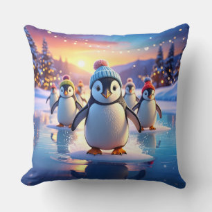 Cute Penguins in Winter Hats on Frozen Ice Cushion