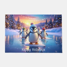 Cute Penguins in Winter Hats on Frozen Ice Doormat