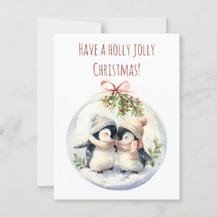 Cute penguins in winter hats share a cosy moment postcard