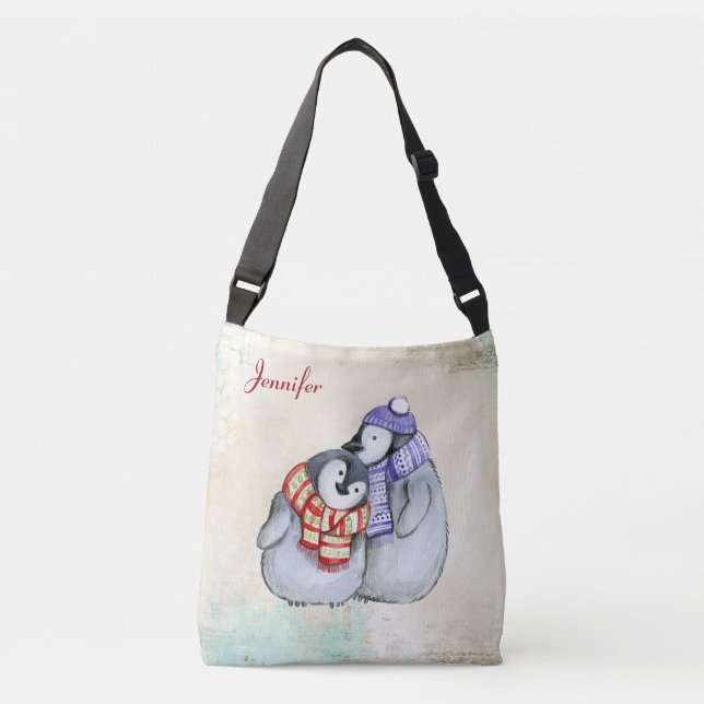 Cute Penguins in Winter Scarves and Hats Custom Crossbody Bag (Front)